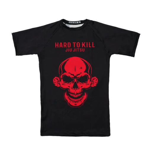 Black t-shirt with red skull design and 'Hard to Kill Jiu Jitsu' text on a white background
