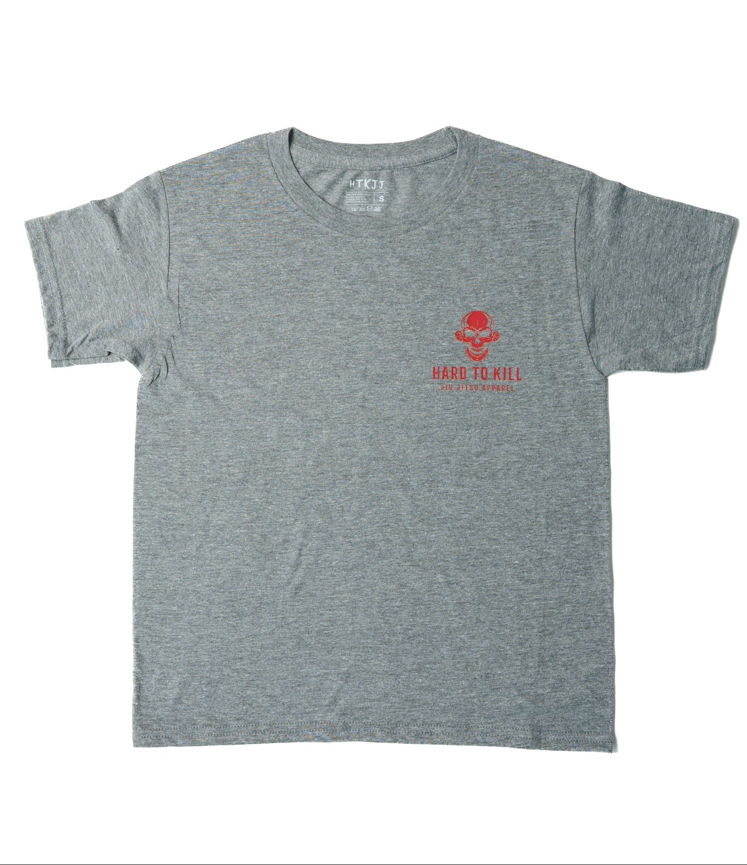 A heather gray short-sleeve t-shirt with a small red graphic on the left chest featuring a skull and the text 'HARD TO KILL' and 'THE DOG OF GOD'.